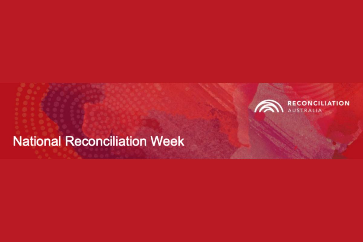 Reconciliation Australia banner for National Reconciliation Week, featuring a red abstract design with dot patterns and the Reconciliation Australia logo.